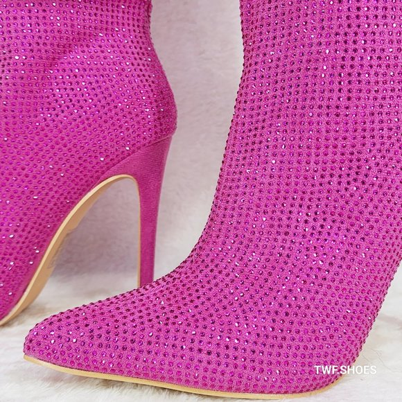 Resolve Sparkling Pink Rhinestone High Heel Slouch Calf Boots New Years Bling - Picture 12 of 15